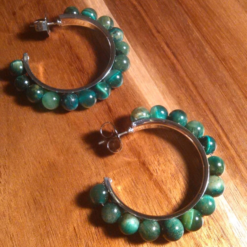 Green Tiger's Eye Beaded Silvertone and Stainless Steel Hoop Earrings